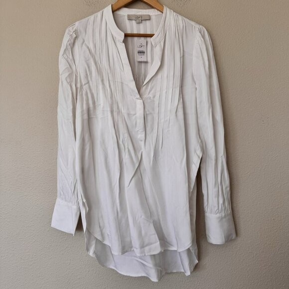 New Ann Taylor Loft Women Blouse Partial Button Ivory Long Sleeves Viscose M - Picture 1 of 8